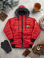 Vibrant Red Hooded Winter Puffer Jacket Flat Lay with Cozy Props