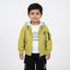 Little Boy in Olive Green Hooded Bomber Jacket, White Graphic T-Shirt, and Black Cargo Pants