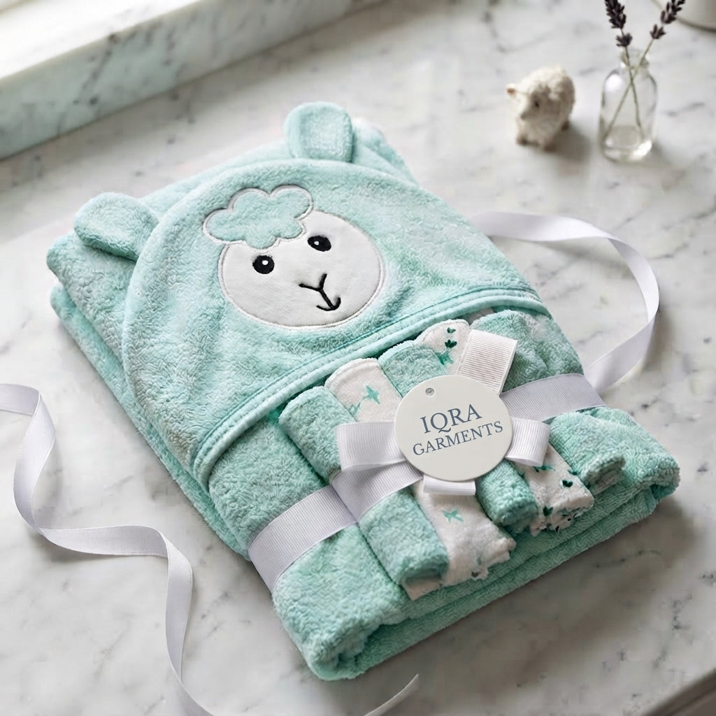 A folded mint green hooded towel with a sheep face design on the hood, tied with a white ribbon and tag that reads 'IORA GARMENTS'. The towel is styled on a white marble surface with a small decorative vase in the background.