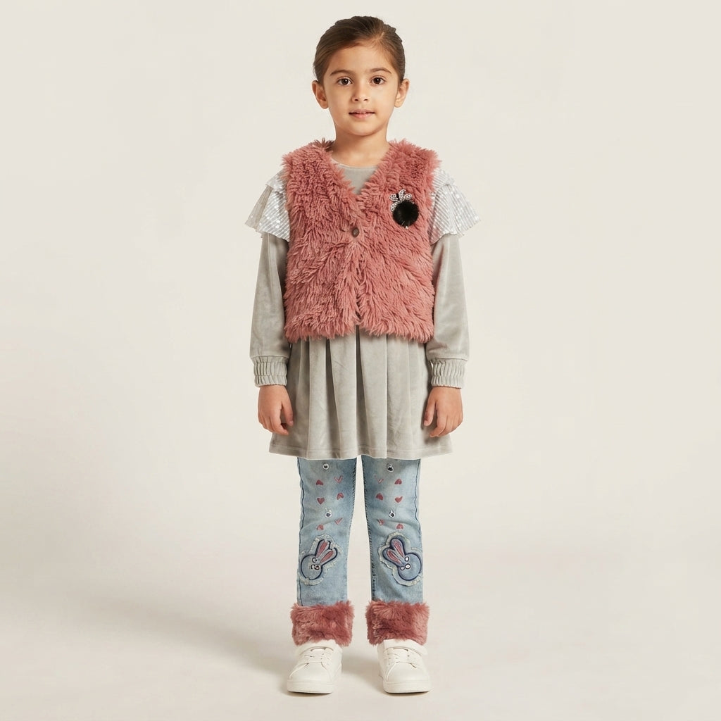 Baby Girls Grey Velvet Frock & Denim Jeans Set with Shaggy Faux Fur Vest