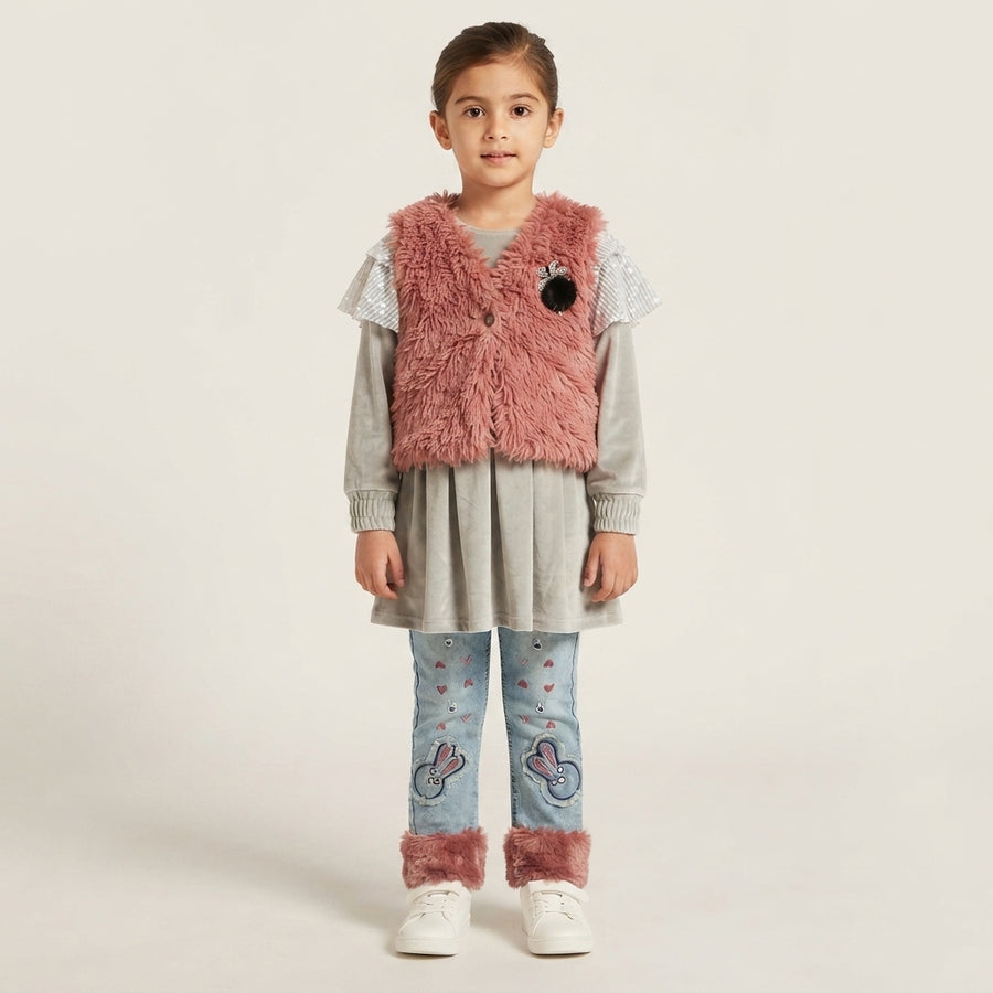 Baby Girls Grey Velvet Frock & Denim Jeans Set with Shaggy Faux Fur Vest
