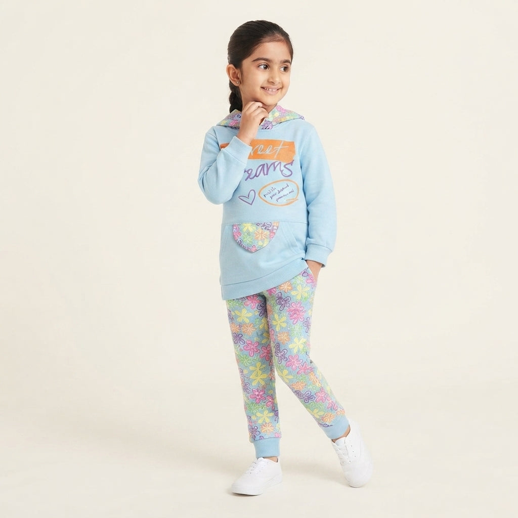 Girls Blue "Sweet Dreams" Hooded Tracksuit with Floral Print Pants