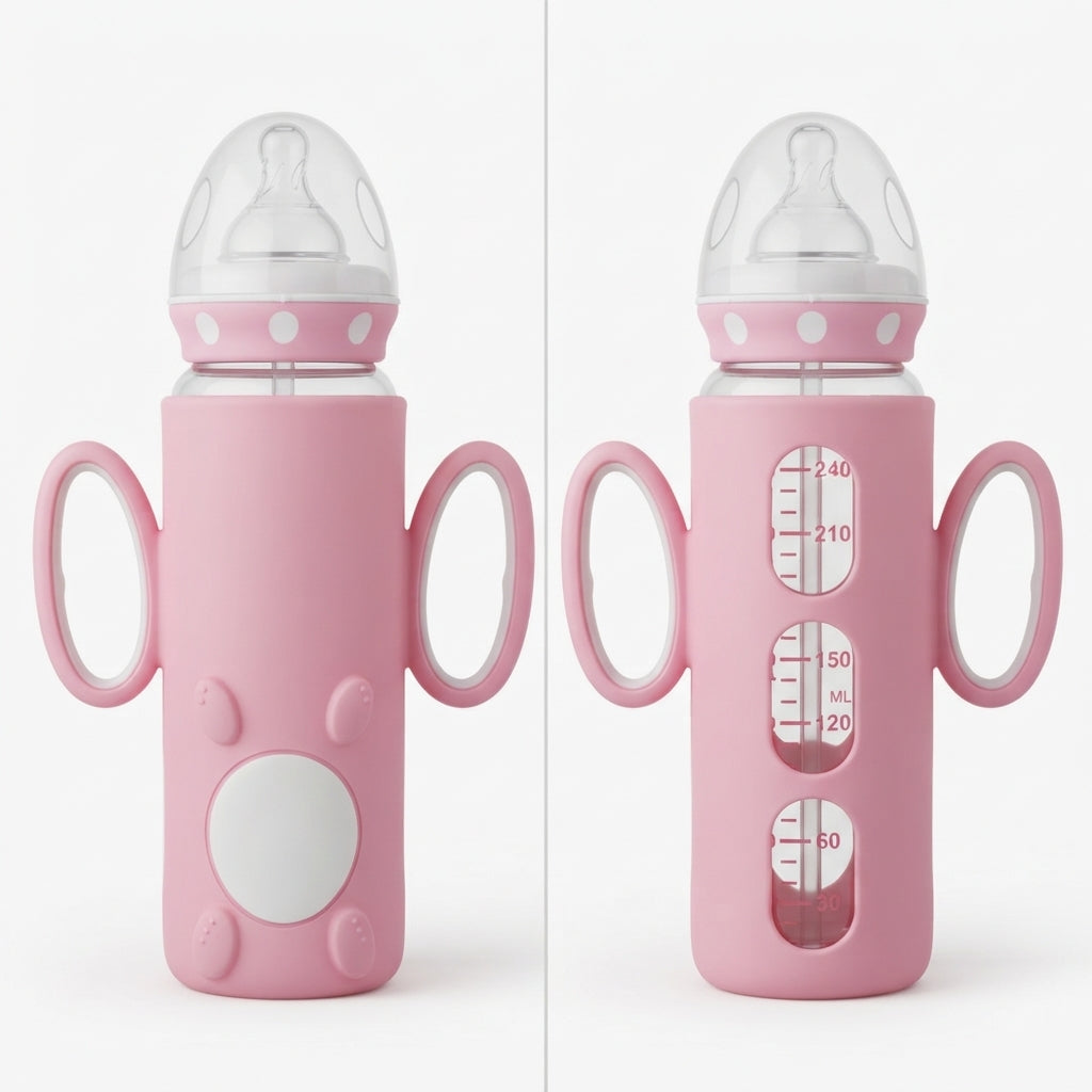 Pink Silicone Glass Baby Feeding Bottle 240ml