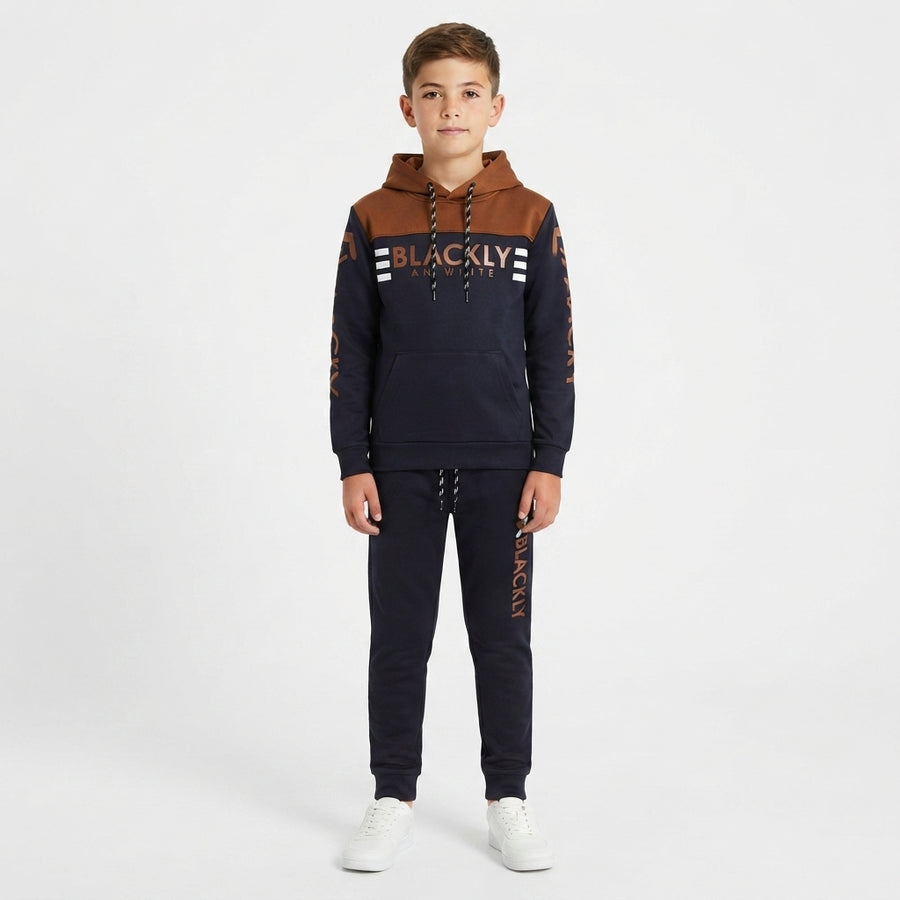 Boys Navy & Brown Colorblocked Tracksuit | Iqra Garments — Photo 2