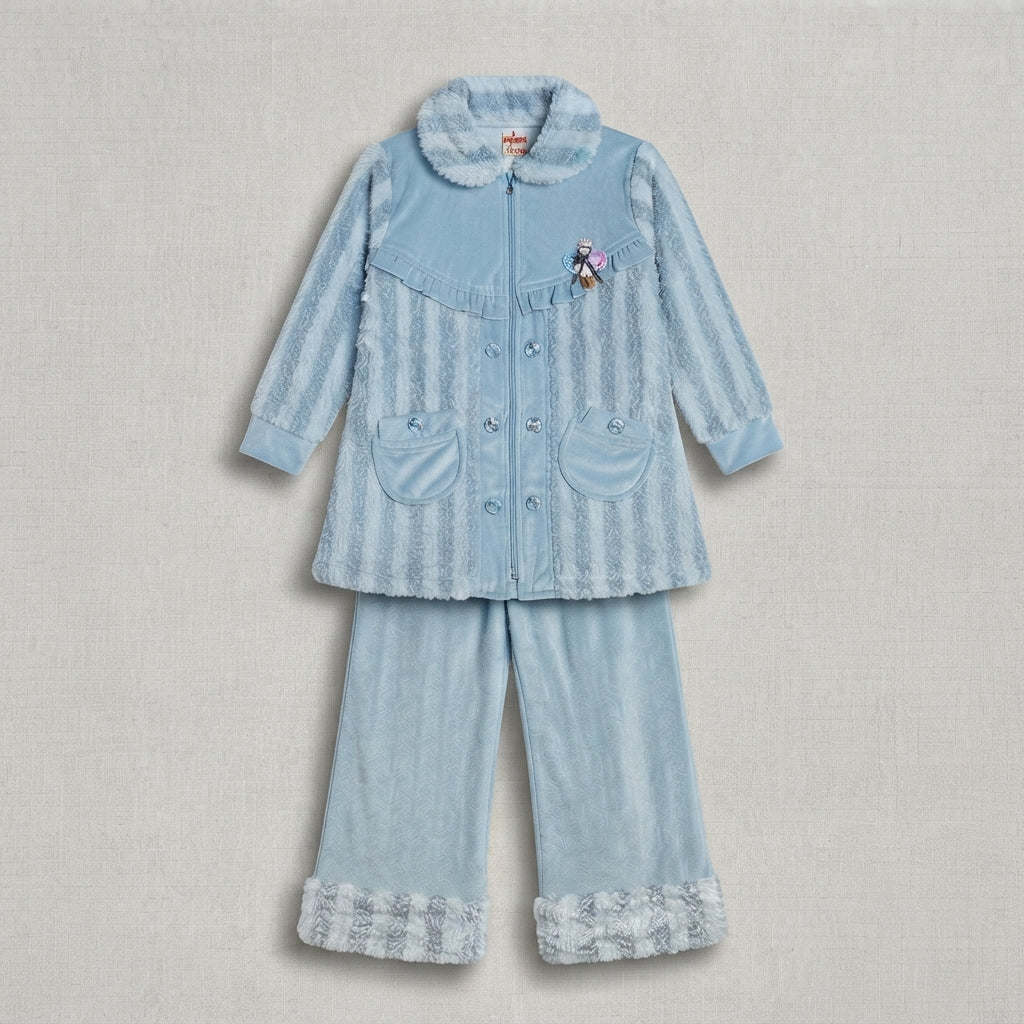 Baby Blue Velvet Winter Kurti With Matching Trousers — Photo 2