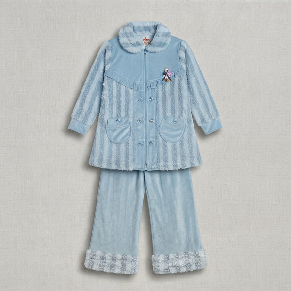 Baby Blue Velvet Winter Kurti With Matching Trousers — Photo 2