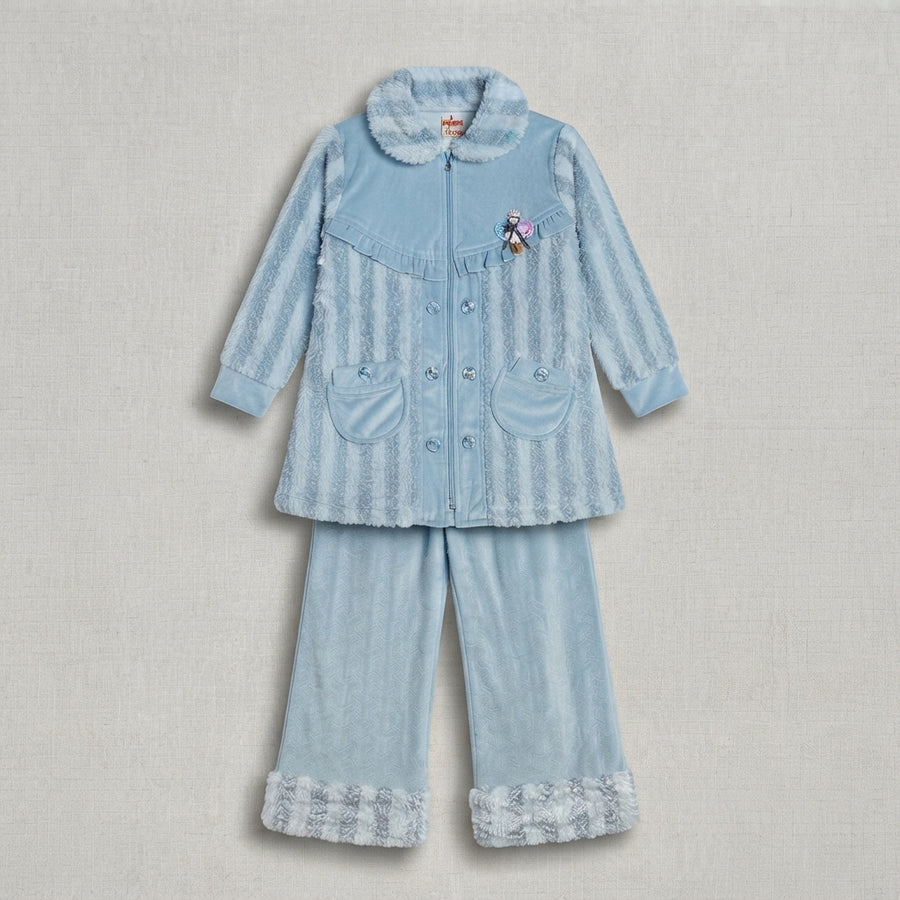 Baby Blue Velvet Winter Kurti With Matching Trousers — Photo 2