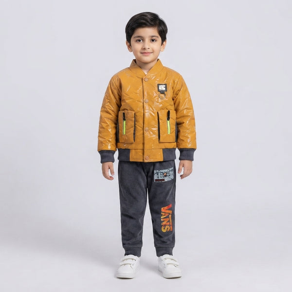 Boys Mustard Patent Puffer Jacket & Grey Corduroy Joggers Tracksuit Set