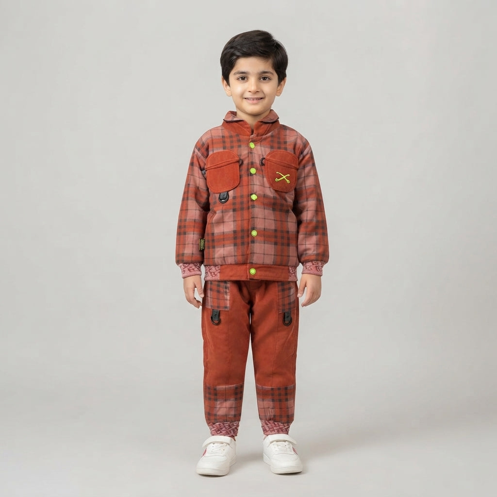 Orange Plaid Checked Tracksuit Set For Boys