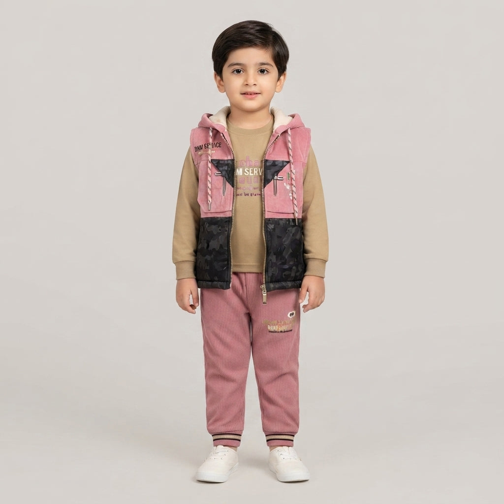 Boys Pink & Brown Hooded Vest Winter Outfit Set