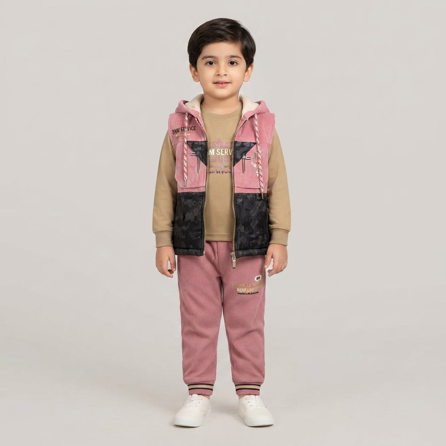 Boys Pink & Brown Hooded Vest Winter Outfit Set