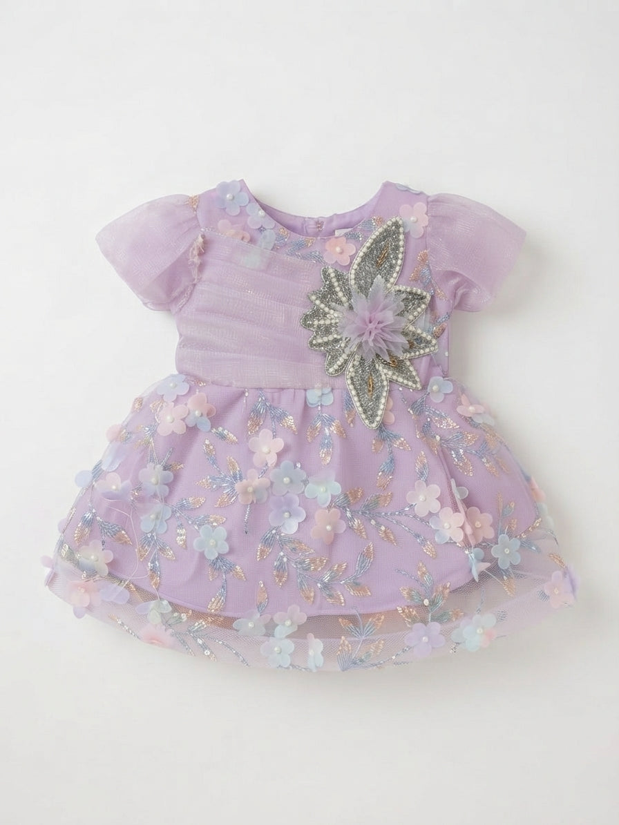 Baby Floral Applique Puffy Sleeve Party Dress