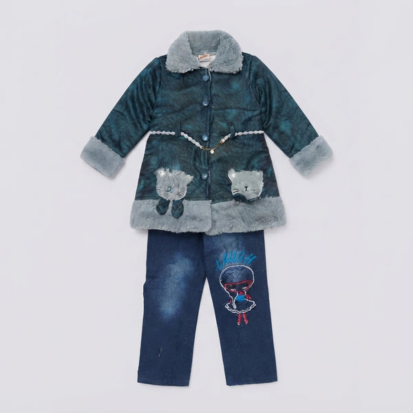 Girls Teal Fur Collar Coat and Denim