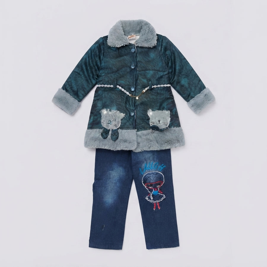 Girls Teal Fur Collar Coat and Denim