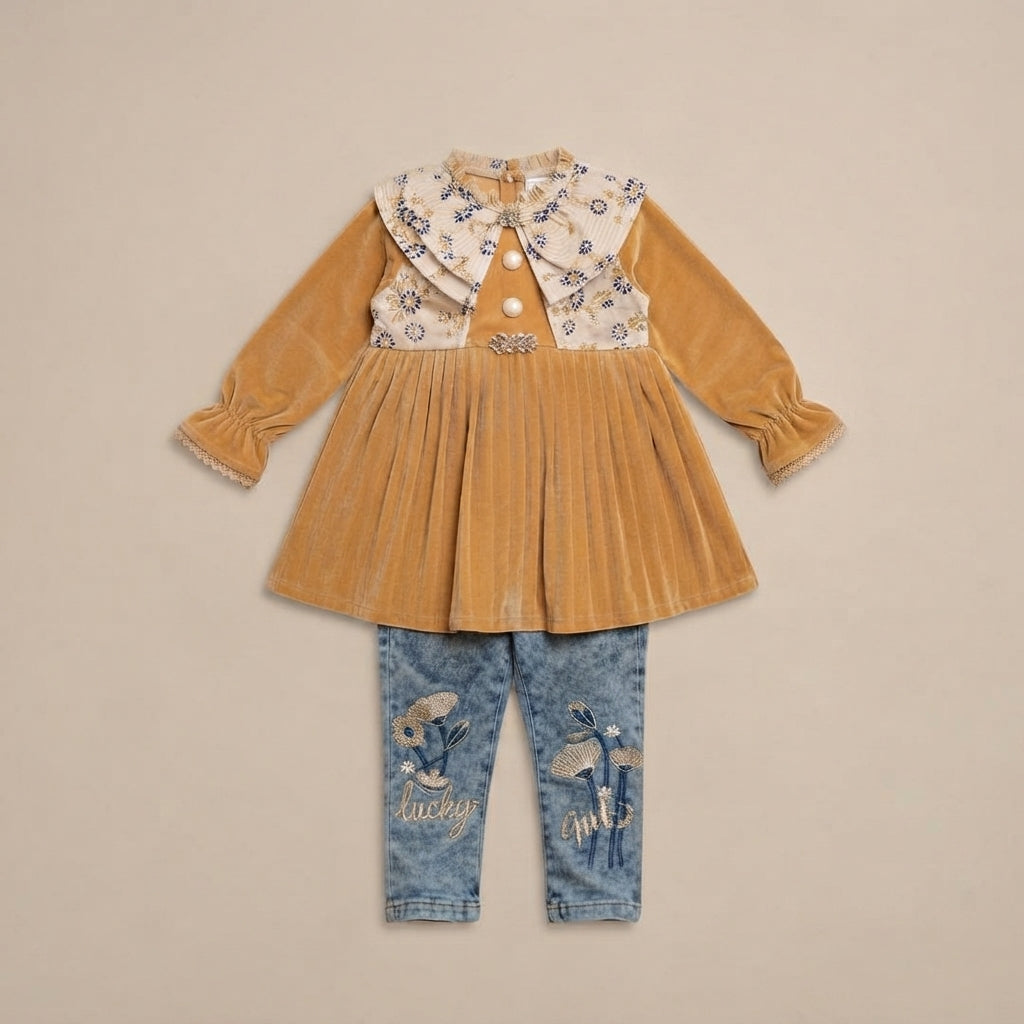 Luxury Mustard Velvet Frock Set — Photo 2