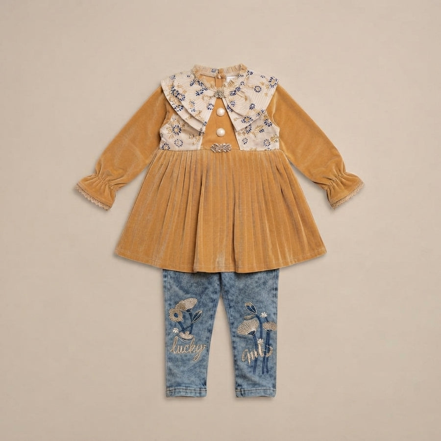 Luxury Mustard Velvet Frock Set — Photo 2