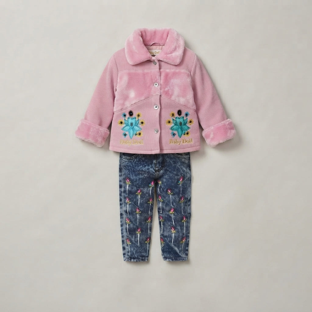 Infant/Toddler Girl's 2-Piece "Baby Doll" Outfit: Pink Faux-Fur Trim Corduroy Jacket, Floral Embroidered Denim Jeans Set