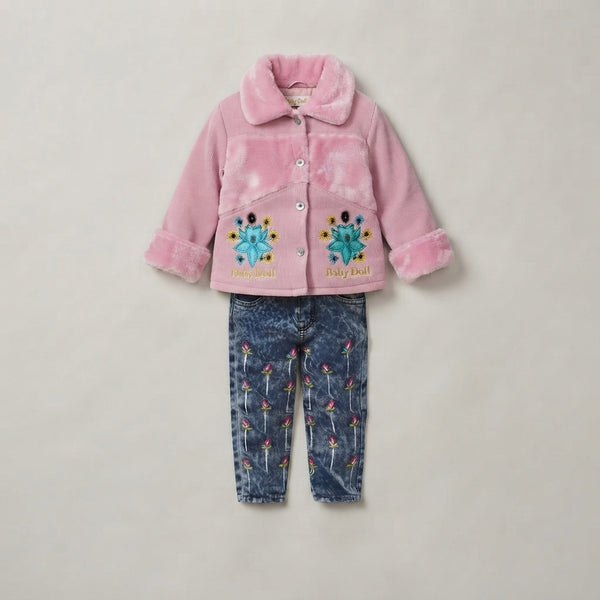 Infant/Toddler Girl's 2-Piece "Baby Doll" Outfit: Pink Faux-Fur Trim Corduroy Jacket, Floral Embroidered Denim Jeans Set
