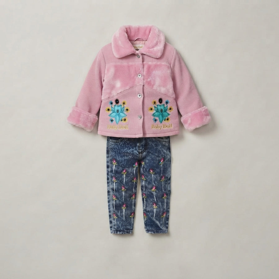 Infant/Toddler Girl's 2-Piece "Baby Doll" Outfit: Pink Faux-Fur Trim Corduroy Jacket, Floral Embroidered Denim Jeans Set