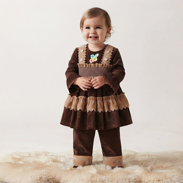 Baby Girls Brown and Beige Velvet Winter Outfit — Photo 2