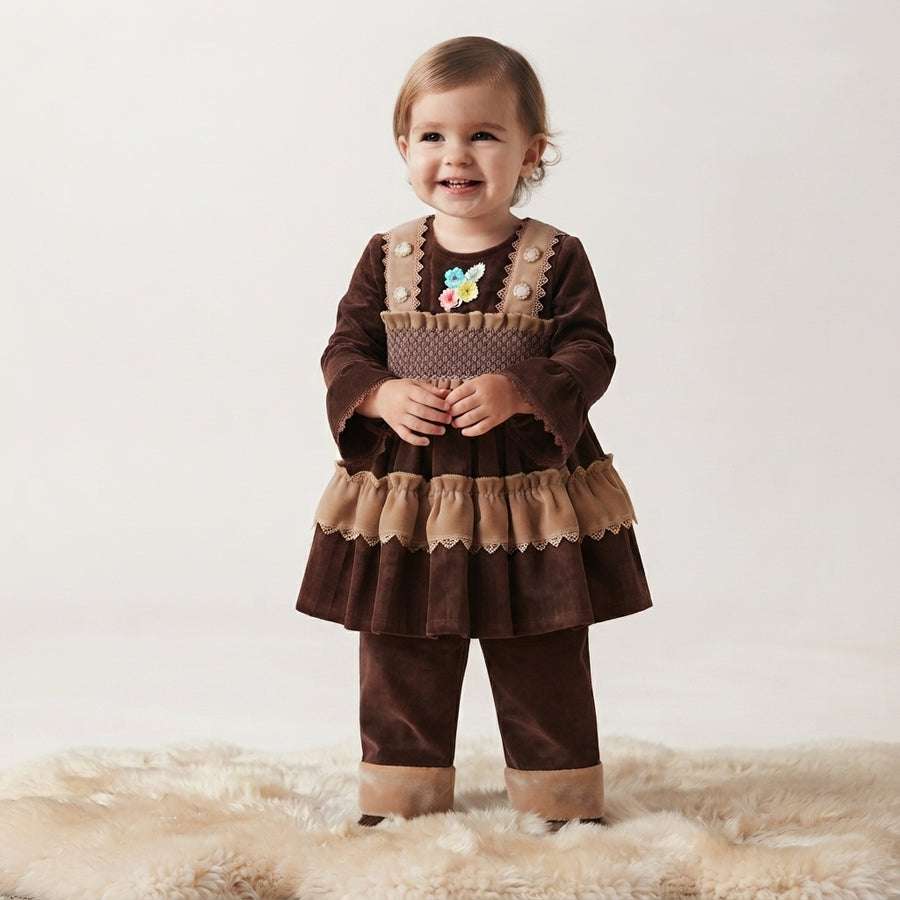 Baby Girls Brown and Beige Velvet Winter Outfit — Photo 2