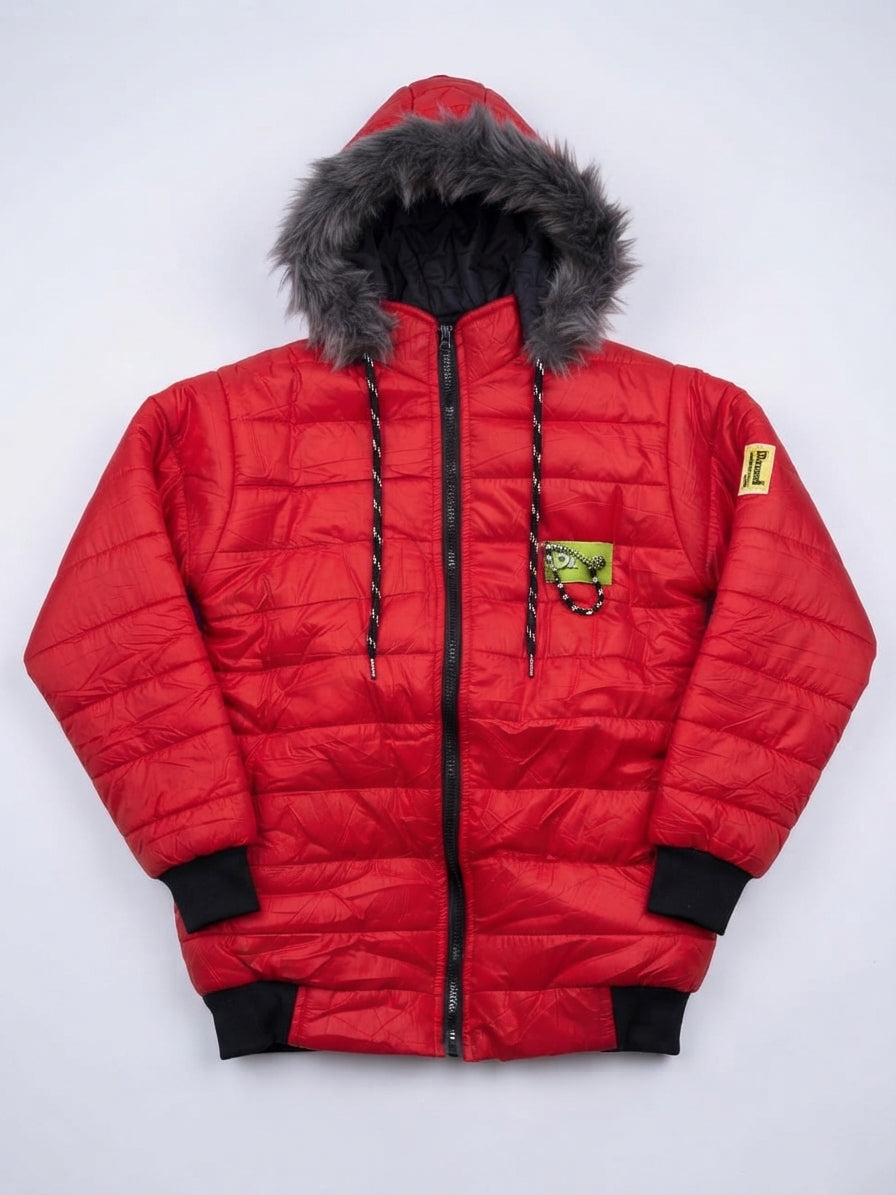 Vibrant Red Hooded Winter Puffer Jacket — Photo 2