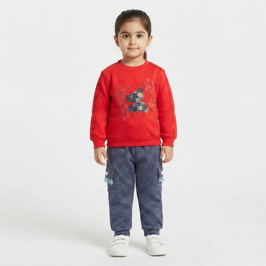 Girls Red Winter Suit – Stylish Fleece Shirt & Trouser Set