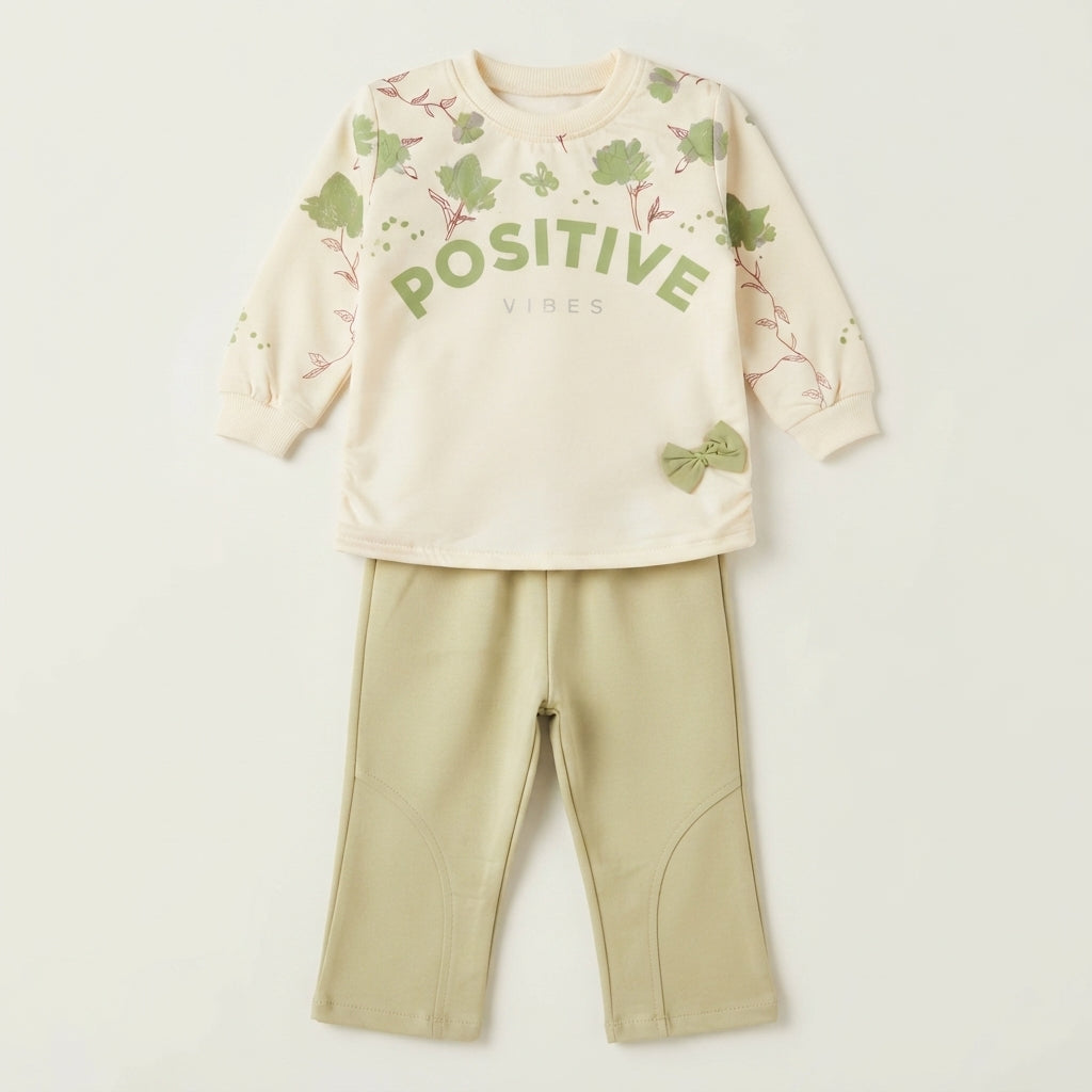 Cute Girls "Positive Vibes" Printed Top & Sage Green Trouser Winter Set