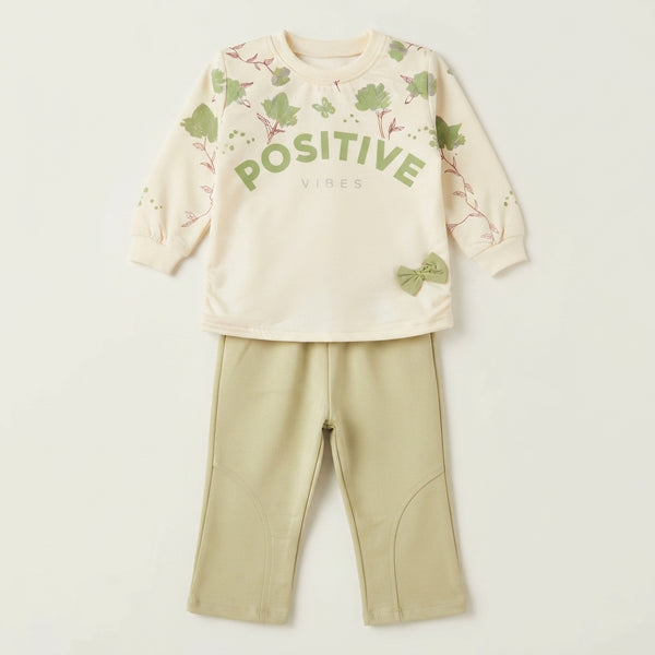 Cute Girls "Positive Vibes" Printed Top & Sage Green Trouser Winter Set