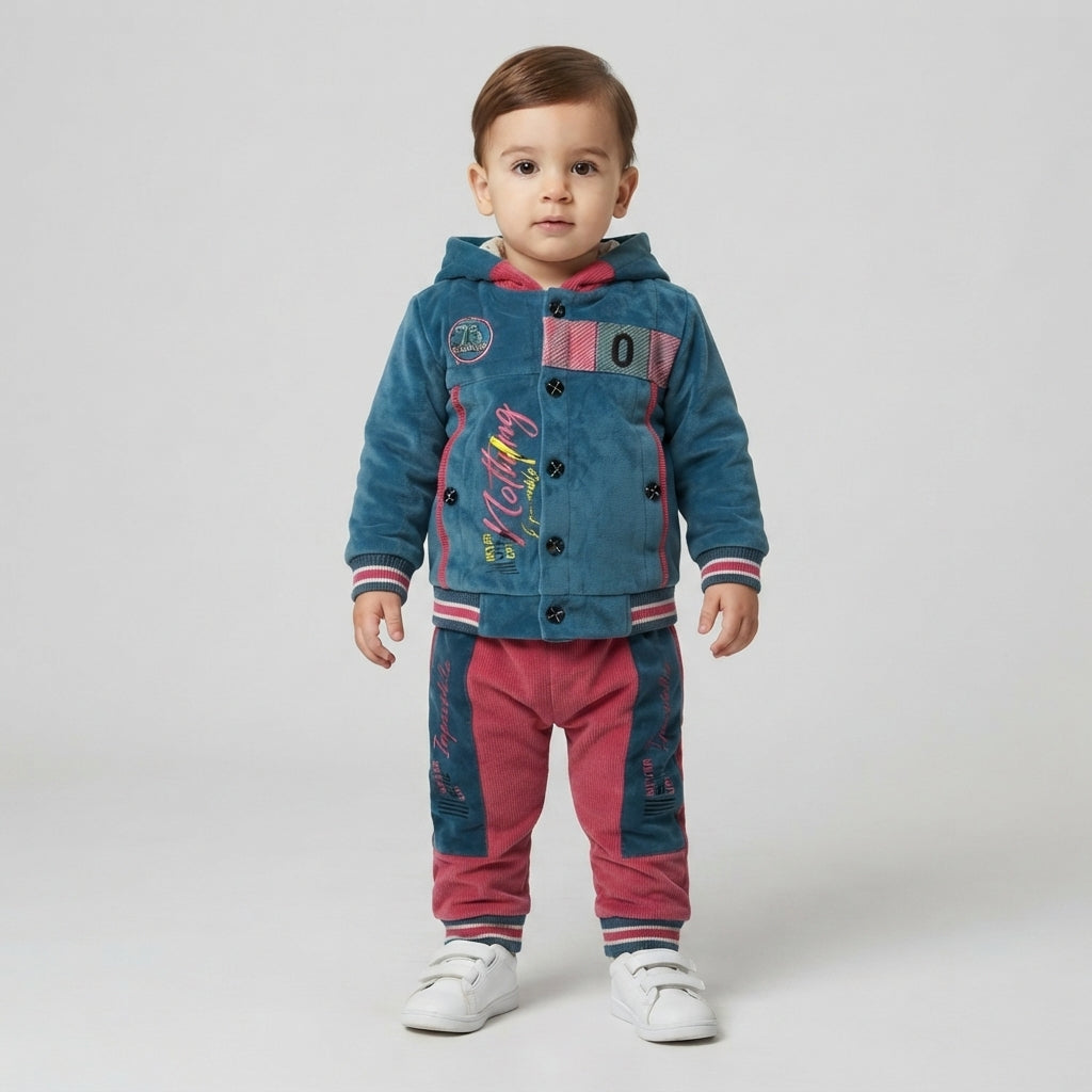Blue & Pink Velvet 2 Piece Hoodie Suit for Boys | Winter Kids Suit