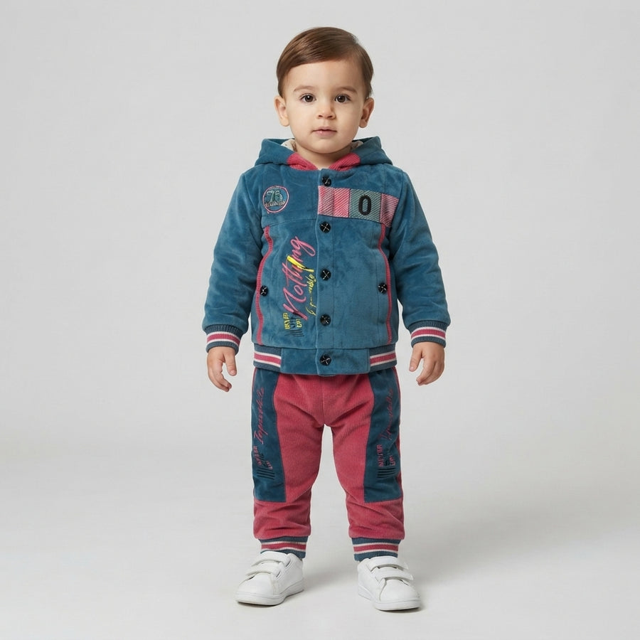Blue & Pink Velvet 2 Piece Hoodie Suit for Boys | Winter Kids Suit
