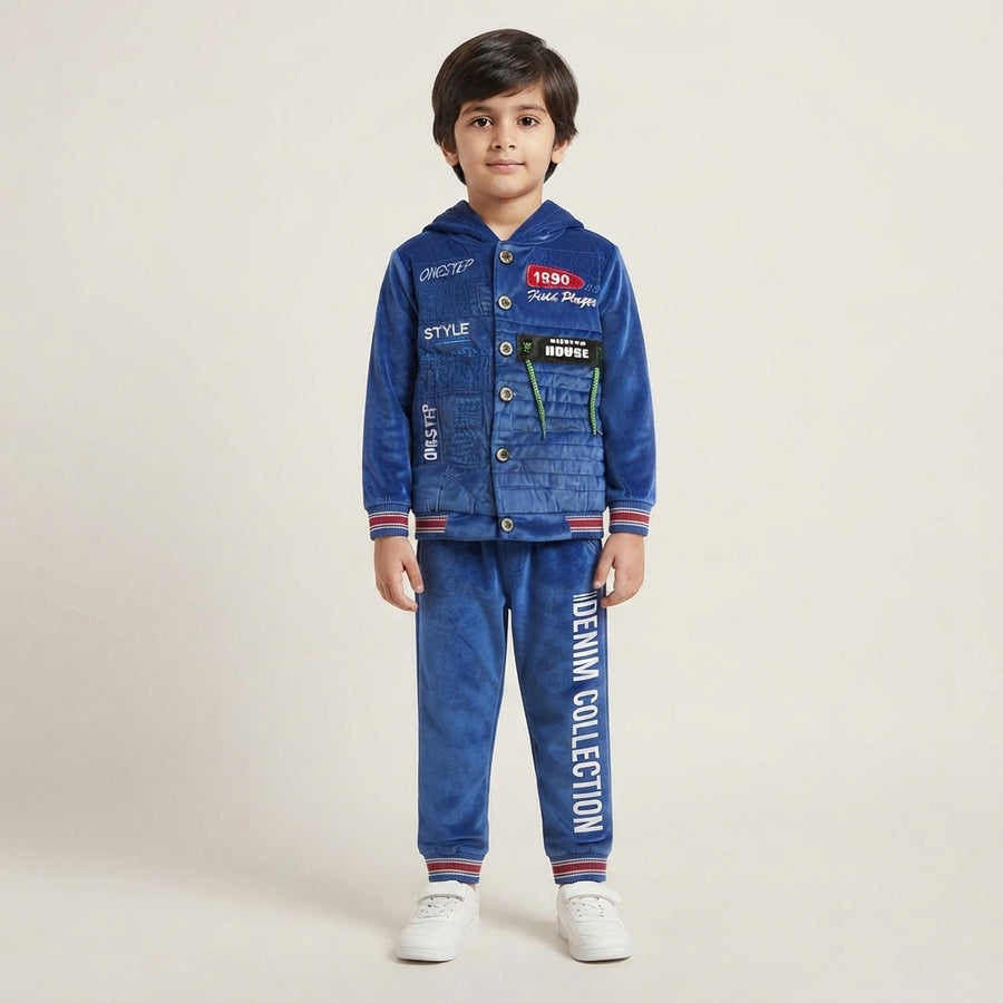 Boys Blue Velvet Hooded Jacket & "Denim Collection" Trouser Set | 4–5 Years