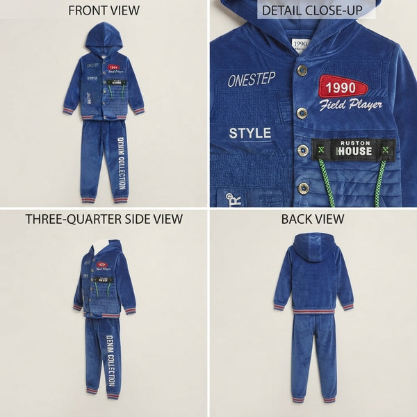 Boys Blue Velvet Hooded Jacket Set — Photo 3