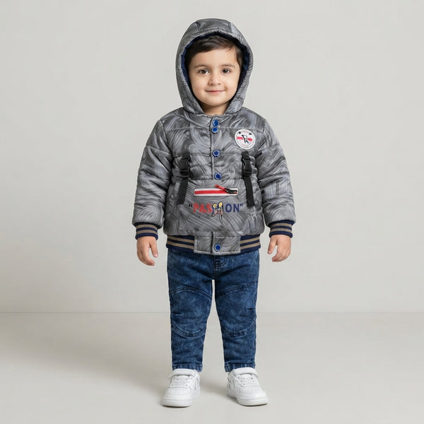 Boys Grey Swirl Puffer Jacket & Denim Trouser