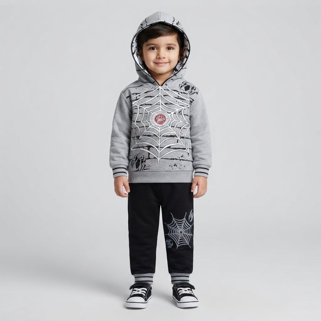 Boys Spider-Man Print Grey Hoodie and Black Jogger 2-Piece Set