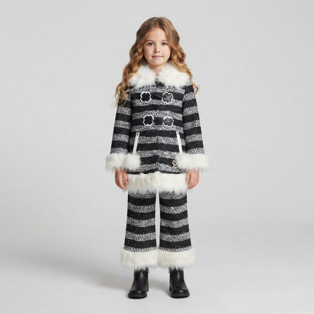 Girls Black and White Striped Faux-Fur Trimmed Winter Outfit Set