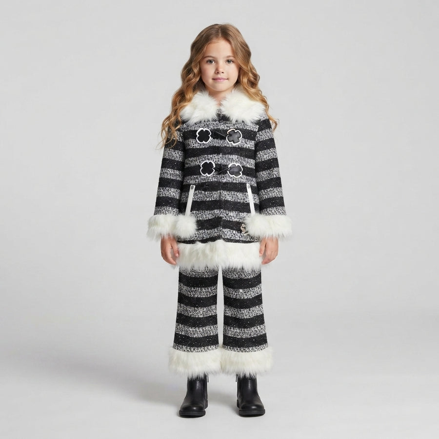 Girls Black and White Striped Faux-Fur Trimmed Winter Outfit Set