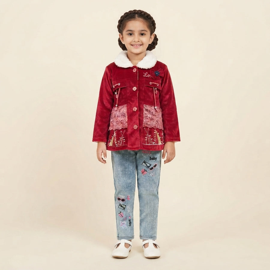 Girls Red Velvet 2 Piece Suit | Stylish Soft Velvet Winter Outfit