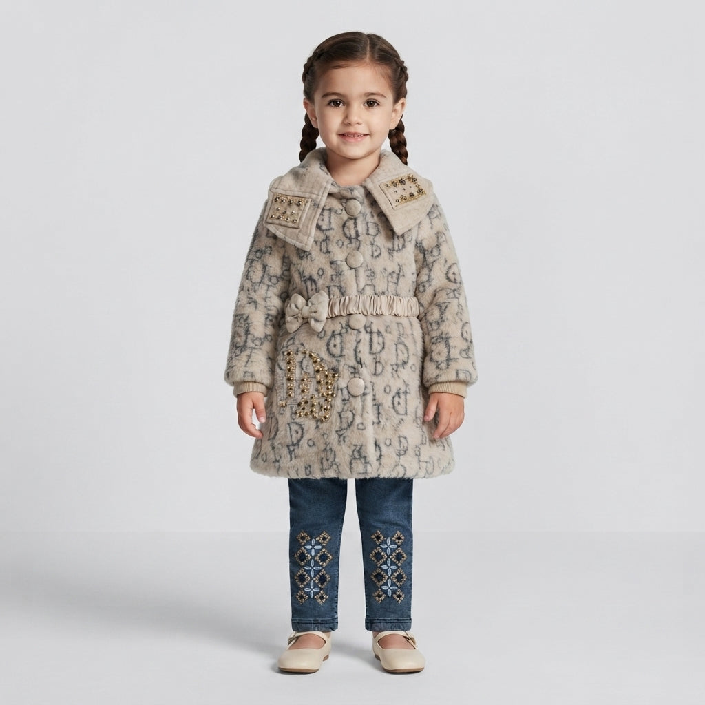 Fuzzy Coat and Embroidered Jeans Outfit Set