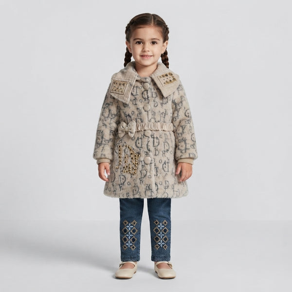 Fuzzy Coat and Embroidered Jeans Outfit Set