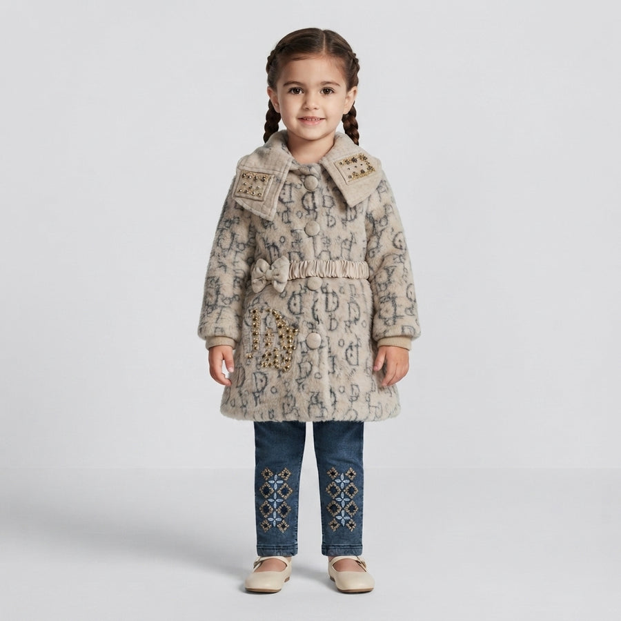 Fuzzy Coat and Embroidered Jeans Outfit Set