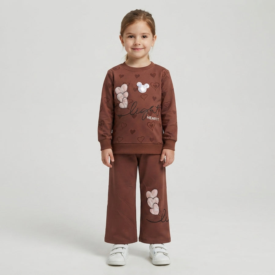 Girls Brown Heart Pattern Sweatshirt & Wide-Leg Pants Set