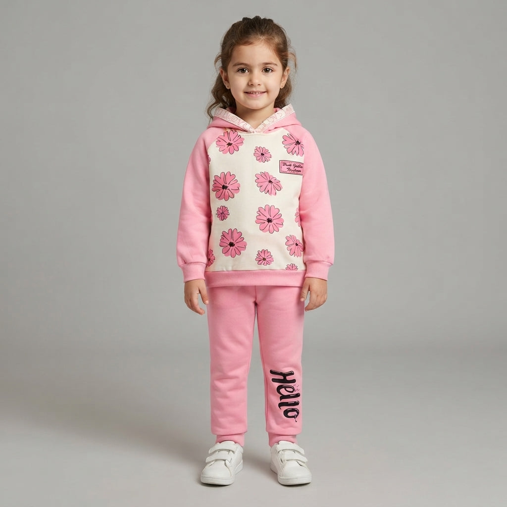 Girls Pink Floral Hoodie and "Hello" Jogger Pants Outfit Set