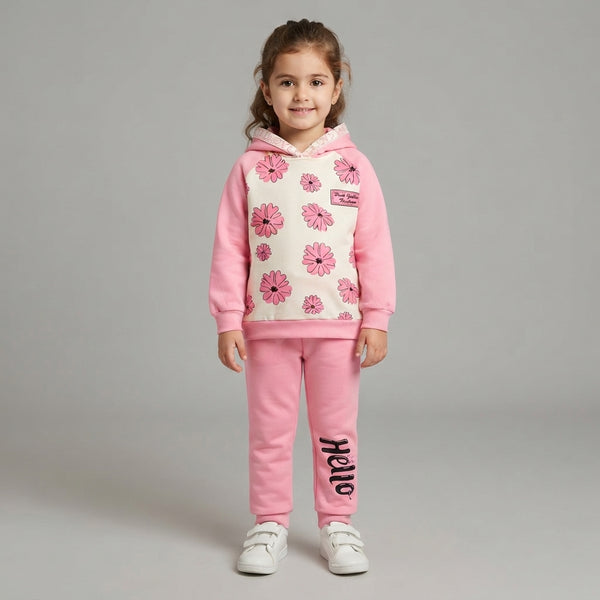 Girls Pink Floral Hoodie and "Hello" Jogger Pants Outfit Set