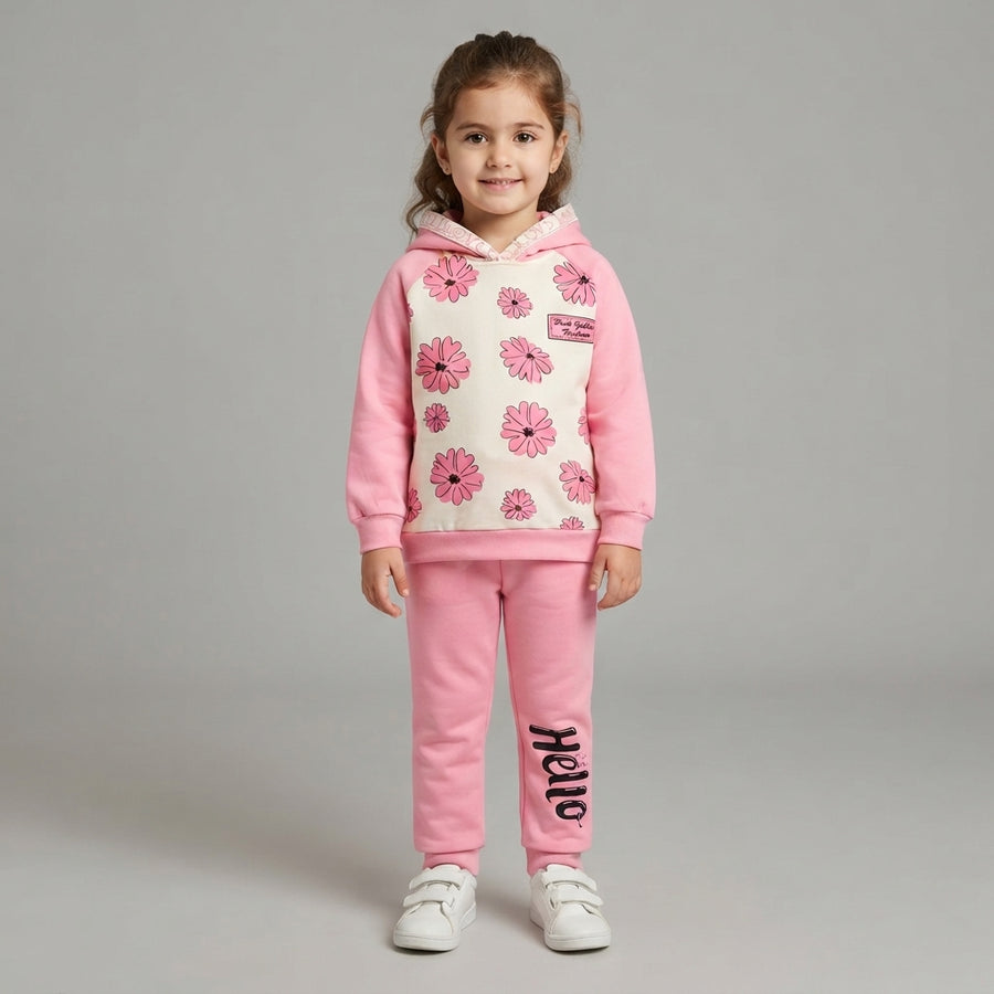 Girls Pink Floral Hoodie and "Hello" Jogger Pants Outfit Set