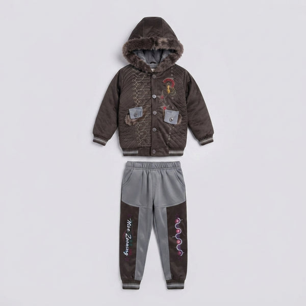 Boys Brown and Grey Fur-Hooded Winter Tracksuit Set