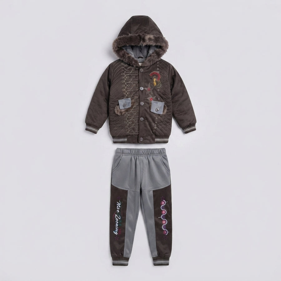 Boys Brown and Grey Fur-Hooded Winter Tracksuit Set