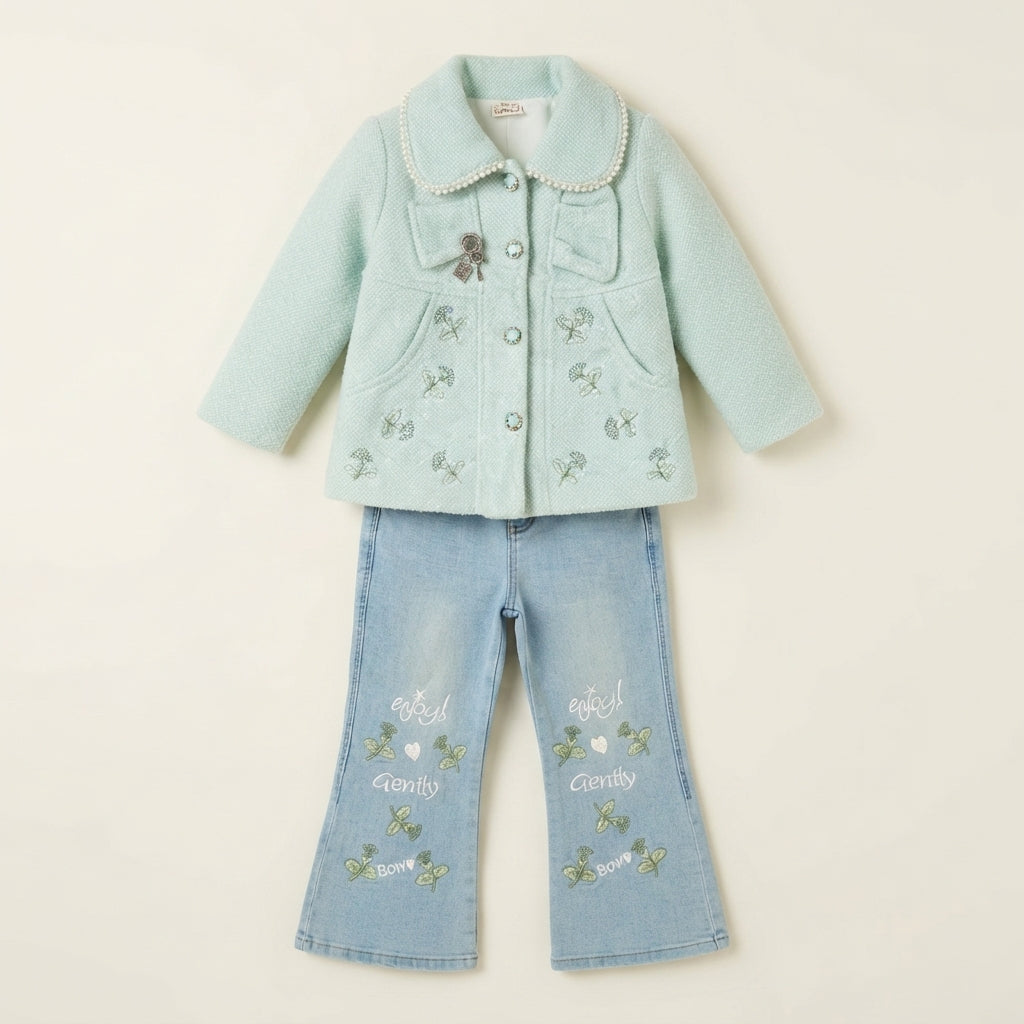 Elegant Mint Green Woolen Coat Set — Photo 2