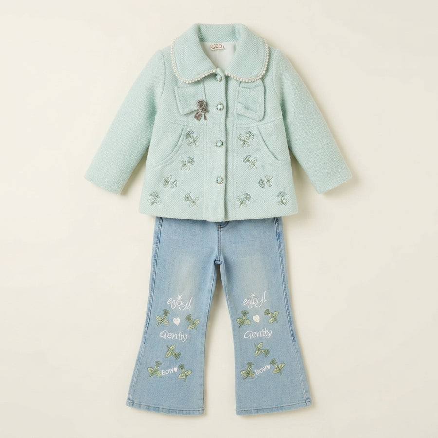 Elegant Mint Green Woolen Coat Set — Photo 2