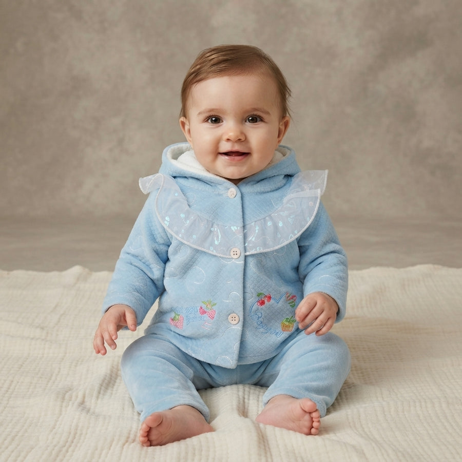 Baby Girls Light Blue Velvet Hoodie Set — Photo 2